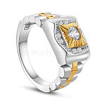 925 Sterling Silver Finger Ring, with Watch Chain and Real 18K Gold Plated Square with Micro Pave AAA Cubic Zirconias, Platinum & Golden, 19mm(JR535A-02)