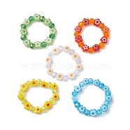 Glass Beaded Stretch Finger Rings for Women, Flower, Mixed Color, US Size 7 1/4(17.5mm)(RJEW-JR00595)