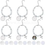 6Pcs 304 Stainless Steel Flat Round Sublimation Blank Tag Charm Bracelets with Glass Pearl Beaded, Cross Charm Bracelets for Women, White, 7-1/2 inch(19cm)(BJEW-CA0001-06)