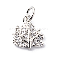 Brass Micro Pave Cubic Zirconia Charms, with Jump Rings, Maple Leaf Charms, Platinum, 11x10x2mm, Hole: 3.2mm(ZIRC-F131-01P)