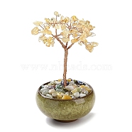 Natural Yellow Quartz Chips Tree Decorations, Ceramic Bowl Base Copper Wire Feng Shui Energy Stone Gift for Home Desktop Decoration, 67~70x110~115mm(DJEW-M012-02F)