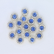 Rhinestone Buttons,  with Golden Tone Iron Findings, Flower, Light Sapphire, 11.5x6mm, Hole: 4x2mm, Pin: 2mm, 100pcs/bag(RB-WH0004-01LG-04)