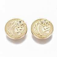 Brass Shank Buttons, Nickel Free, Flat Round with Flower, Real 18K Gold Plated, 17x6mm, Hole: 2mm(KK-S356-109G-NF)