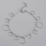 Brass Textured Ring Charm Anklets, with Cable Chains, Platinum, 8-5/8 inch(22cm)(X-AJEW-B005-09P)