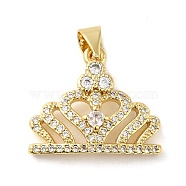 Rack Plating Brass Micro Pave Cubic Zirconia Pendants, Cadmium Free & Lead Free, Long-Lasting Plated, Crown, Real 18K Gold Plated, 16.5x19x3.5mm, Hole: 5x3.5mm(KK-P241-04G)