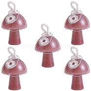 Natural Strawberry Quartz  Pendants, Mushroom Charms, with Silver Color Plated Copper Wire Wrapped, 30x15x16mm, Hole: 5mm(PALLOY-SW0004-02)