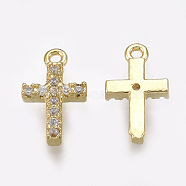 Cubic Zirconia Tiny Cross Charms, with Brass Findings, Clear, Real 18K Gold Plated, 11x6.5x2mm, Hole: 0.8mm(KK-S348-153)