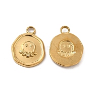 Ion Plating(IP) 304 Stainless Steel Pendants, Flat Round with Octopus Charm, Real 18K Gold Plated, 16x13x2mm, Hole: 2mm(STAS-B032-34G)