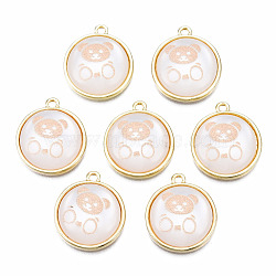 Resin Pendants, with Light Gold Plated Alloy, Flat Round with Bear, PeachPuff, 18.5x16x5mm, Hole: 1.4mm(PALLOY-N161-001-NR)