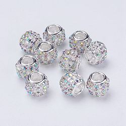 Silver Color Plated Alloy Grade A Rhinestone European Beads, Large Hole Beads, Rondelle, Crystal AB, 11.5~12x10mm, Hole: 4mm(CPDL-J024-02S)