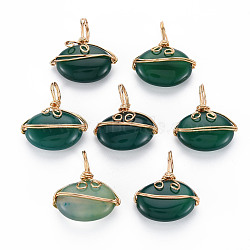 Natural Agate Pendants, with Golden Brass Findings, Dyed, Oval, Dark Green, 22~24x20~21x6~8mm, Hole: 6~7x4~5mm(G-S359-293E)