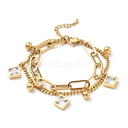 Clear Cubic Zirconia Rhombus and Round Ball Charm Multi-strand Bracelet, Vacuum Plating 304 Stainless Steel Double Layered Chains Bracelet for Women, Golden, 7-1/2 inch(19cm)(BJEW-G639-04G)