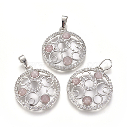 Natural Rose Quartz Pendants, with Platinum Tone Brass Findings and Crystal Rhinestone, Flat Round, 29x25.5x4.5mm, Hole: 4.5x8mm(G-L512-T12)
