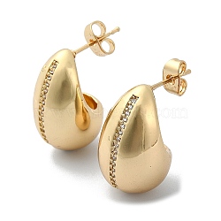 Teardrop Brass Micro Pave Cubic Zirconia Stud Earrings, Half Hoop Earrings, Long-Lasting Plated, Golden, 22x14mm(EJEW-D098-03G)