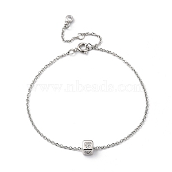 Brass Micro Pave Clear Cubic Zirconia Charms Bracelets, with Brass Spring Ring Clasps, 304 Stainless Steel Cable Chains and Cardboard Boxes, Cube with Heart, Platinum, 7-5/8 inch(19.5cm)(BJEW-JB05400-04)