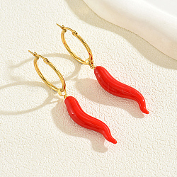Vintage Stainless Steel Red Chili Hoop Earrings, Golden, 68x7mm(FZ6650)