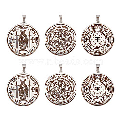 6Pcs 3 Style 304 Stainless Steel Pendants, Flat Round with The Seven Archangels Charm, Stainless Steel Color, 38x35x1.5mm, Hole: 7.5x4mm, 2pcs/style(STAS-UN0044-46)