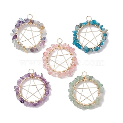Mixed Gemstone Chips Copper Wire Wrapped Pendants, Pentagram Charms, Golden, 36~37x32~34x5~8mm, Hole: 4mm(PALLOY-JF02552-01)