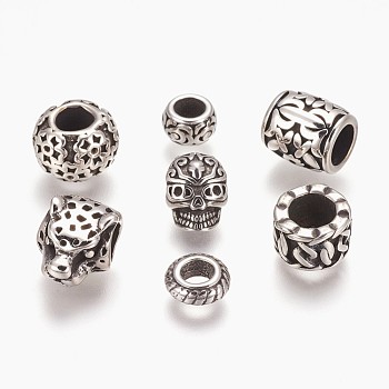 304 Stainless Steel Beads, Large Hole Beads, Mixed Shapes, Antique Silver, 8~12x8~10x3.5~13.5mm, Hole: 4~6mm