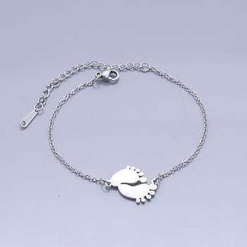 201 Stainless Steel Link Bracelets, with Lobster Claw Clasps, Baby Feet, Stainless Steel Color, 6-3/4 inch(17~17.25cm)