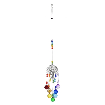 Alloy Tree of Life Pendant Decorations, Hanging Suncatcher, Glass Round Charms for Home Office Garden Decoration, Colorful, 450mm