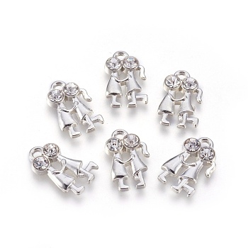 Valentine Day Special Gift Ideas Alloy Pendants, Cadmium Free & Lead Free, with Rhinestone, Couple, Platinum Color, about 11mm wide, 17mm long, 3mm thick, hole: 1.5mm