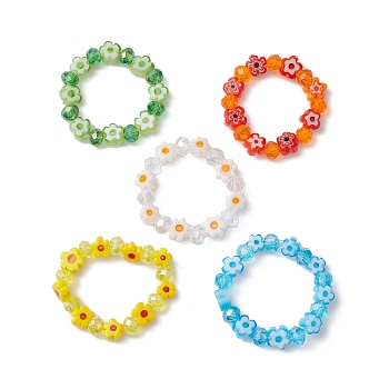 Glass Beaded Stretch Finger Rings for Women, Flower, Mixed Color, US Size 7 1/4(17.5mm)