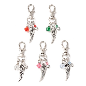 Transparent Acrylic Pendant Decoration, with Tibetan Style Pendants and Alloy Swivel Lobster Claw Clasps, Wing, Mixed Color, 64.5mm