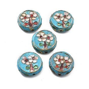 Handmade Cloisonne Beads, Flat Round, Light Sky Blue, 18~18.5x5~5.5mm, Hole: 1.2mm