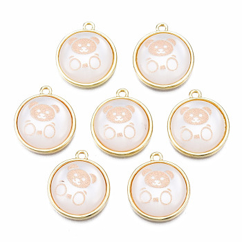 Resin Pendants, with Light Gold Plated Alloy, Flat Round with Bear, PeachPuff, 18.5x16x5mm, Hole: 1.4mm