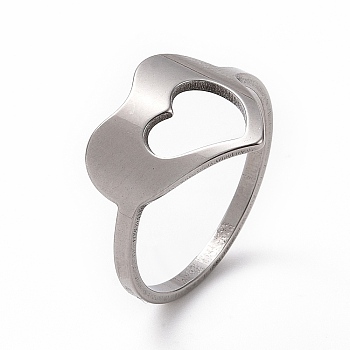201 Stainless Steel Heart Finger Ring, Hollow Wide Ring for Women, Stainless Steel Color, US Size 6 1/2(16.9mm)