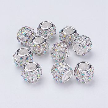 Silver Color Plated Alloy Grade A Rhinestone European Beads, Large Hole Beads, Rondelle, Crystal AB, 11.5~12x10mm, Hole: 4mm
