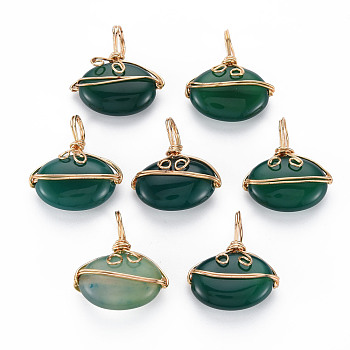 Natural Agate Pendants, with Golden Brass Findings, Dyed, Oval, Dark Green, 22~24x20~21x6~8mm, Hole: 6~7x4~5mm