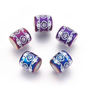 Electroplate Glass Beads, Barrel with Flower Pattern, Purple Plated, 12x11.5mm, Hole: 3mm, 100pcs/bag