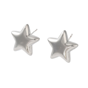 Star Brass Stud Earrings, Long-Lasting Plated, Lead Free & Cadmium Free, Platinum, 19x19mm