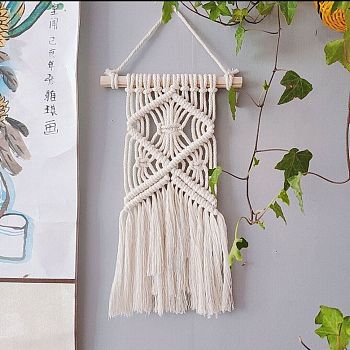 Cotton Cord Macrame Woven Wall Hanging, with Plastic Non-Trace Wall Hooks, for Nursery and Home Decoration, Floral White, 510x200x19mm