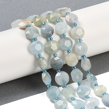 Natural Aquamarine Beads Strands, Faceted Pentagonal Cut, Flat Round, with Seed Beads, 10~10.5x5~6mm, Hole: 1mm, about 32~33pcs/strand, 15.75''(40cm)