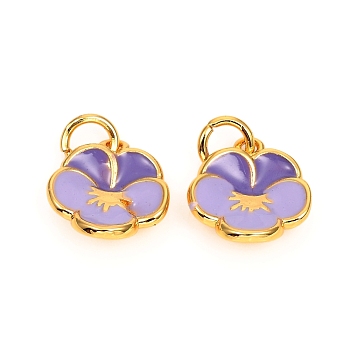 Brass Enamel Charms, Long-Lasting Plated, Flower, Real 18K Gold Plated, Lilac, 12x10.5x3.5mm, Hole: 3mm