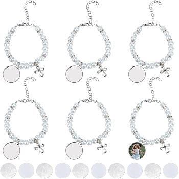 6Pcs 304 Stainless Steel Flat Round Sublimation Blank Tag Charm Bracelets with Glass Pearl Beaded, Cross Charm Bracelets for Women, White, 7-1/2 inch(19cm)