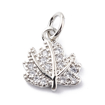 Brass Micro Pave Cubic Zirconia Charms, with Jump Rings, Maple Leaf Charms, Platinum, 11x10x2mm, Hole: 3.2mm