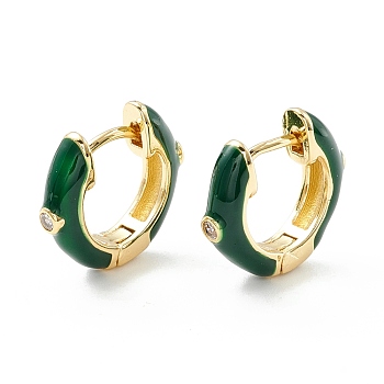 Clear Cubic Zirconia Chunky Hinged Hoop Earrings with Enamel, Brass Jewelry for Women, Cadmium Free & Nickel Free & Lead Free, Real 18K Gold Plated, Green, 16x4mm, Pin: 1mm