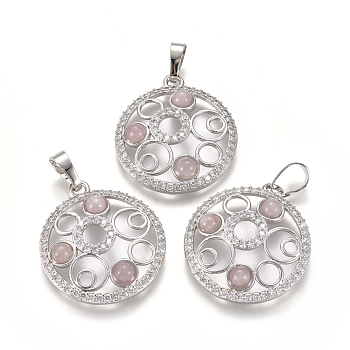 Natural Rose Quartz Pendants, with Platinum Tone Brass Findings and Crystal Rhinestone, Flat Round, 29x25.5x4.5mm, Hole: 4.5x8mm