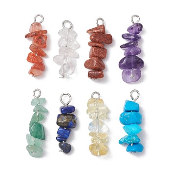 8Pcs 8 Styles Mixed Gemstone & Handmade Lampwork Chip Beaded Pendants, with Platinum Tone Iron Loops, Dyed & Heated, 27~30x9~12x7~9mm, Hole: 2.5mm, 1pc/style