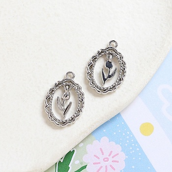 Alloy Pendants, Oval with Flower Charm, Platinum, 23x16mm
