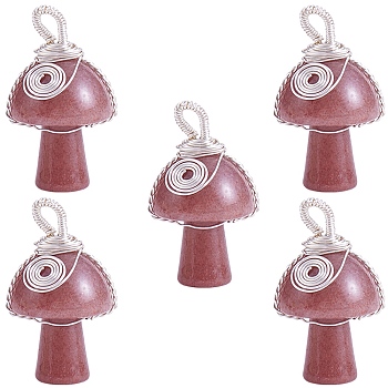 Natural Strawberry Quartz  Pendants, Mushroom Charms, with Silver Color Plated Copper Wire Wrapped, 30x15x16mm, Hole: 5mm