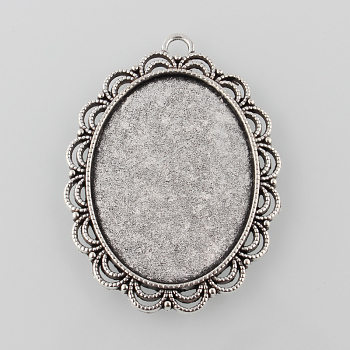 Tibetan Style Antique Silver Alloy Flat Oval Pendant Cabochon Settings, Cadmium Free & Lead Free, Tray: 40x30mm, 54x40x3mm, Hole: 4mm