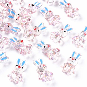 Transparent Acrylic Beads, with Enamel, AB Color Plated, Rabbit, Pink, 25x14.5x11mm, Hole: 2.5mm