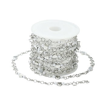 2.5M Brass Imitation Pearl Heart Link Chains, Unwelded, with 1Pc Plastic Spools, Stainless Steel Color, 4.5x18.5~19.5x3mm