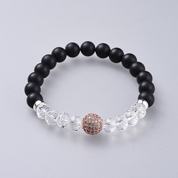Natural Black Agate(Dyed) Stretch Bracelets, with Faceted Glass Beads and Rack Plating Brass Cubic Zirconia Beads, Rose Gold, 2-1/8 inch(5.5cm)