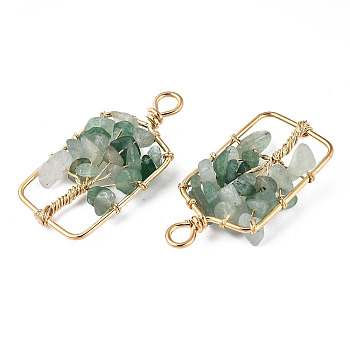 Natural Green Aventurine Pendants, Golden Tone Brass Wire Wrapped, Tree, Rectangle, 42~43x21.5~22x6.5~7.5mm, Hole: 4mm